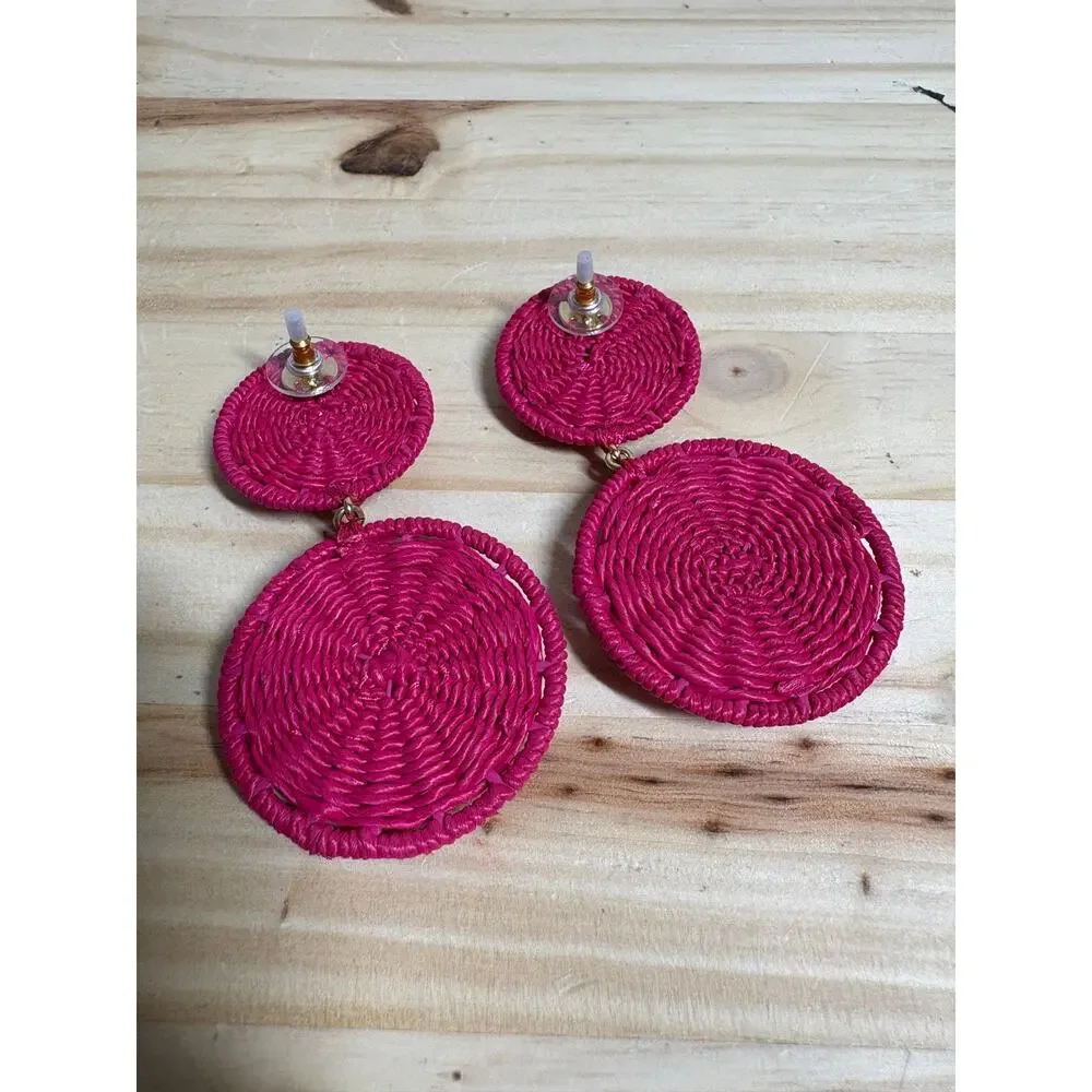 Tuckernuck Pink Raffia Gemstone Drop Earrings Woven Boho